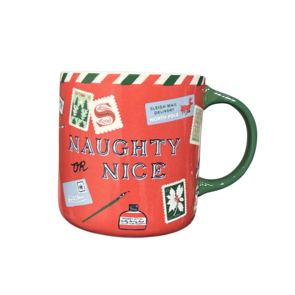 Anthropologie George & Viv Emily Taylor Naughty or Nice Christmas Mug Red Green